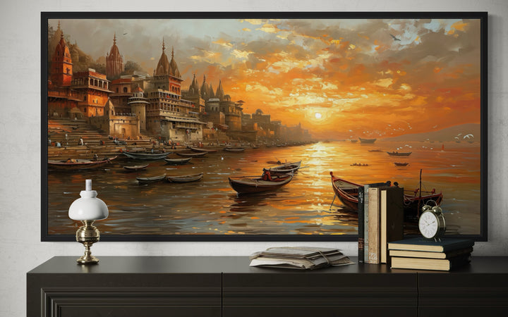 Varanasi Wall Art - Indian Canvas Art Featuring Ganges River Sunset for Spiritual Home Decor