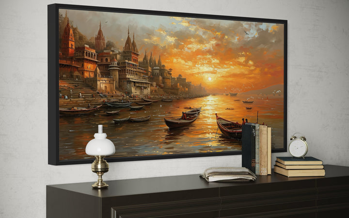 Varanasi Wall Art - Indian Canvas Art Featuring Ganges River Sunset for Spiritual Home Decor
