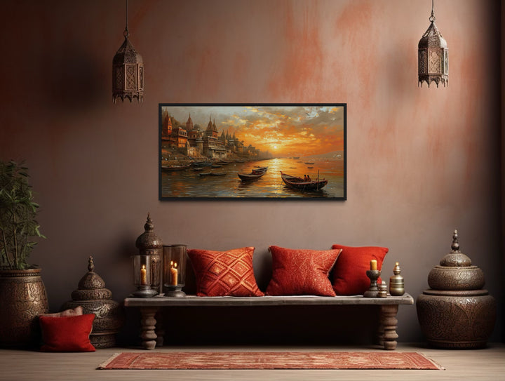 Varanasi Wall Art - Indian Canvas Art Featuring Ganges River Sunset for Spiritual Home Decor