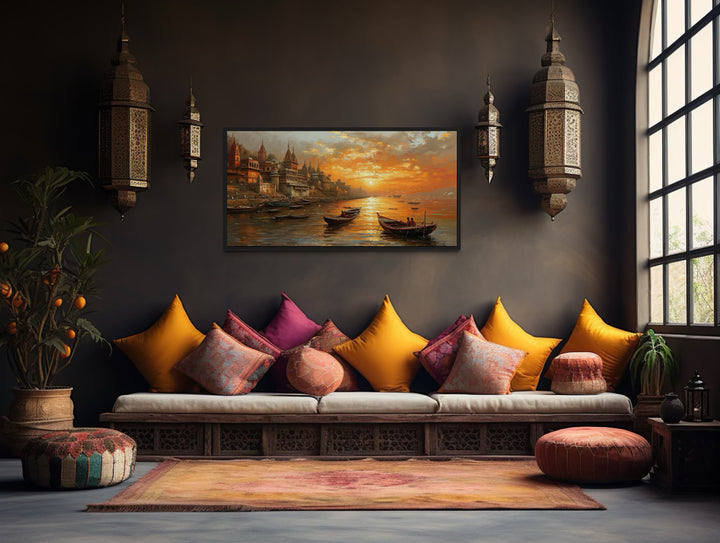 Varanasi Wall Art - Indian Canvas Art Featuring Ganges River Sunset for Spiritual Home Decor