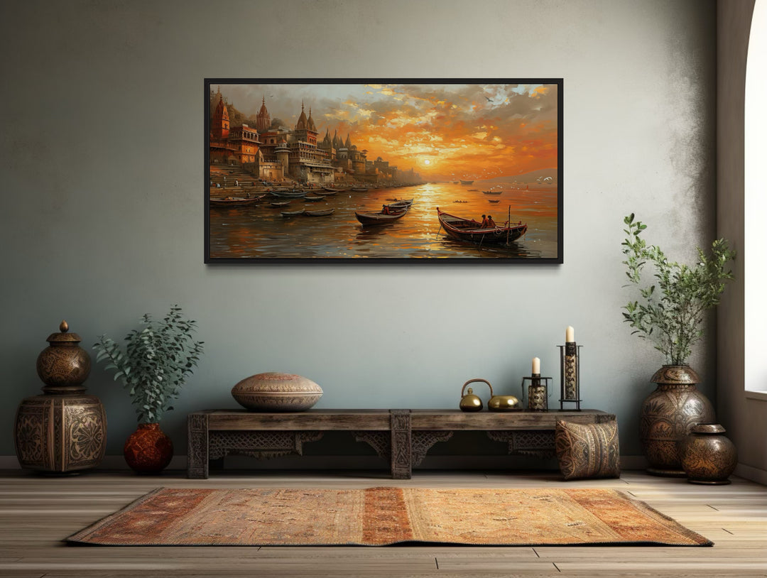 Varanasi Wall Art - Indian Canvas Art Featuring Ganges River Sunset for Spiritual Home Decor