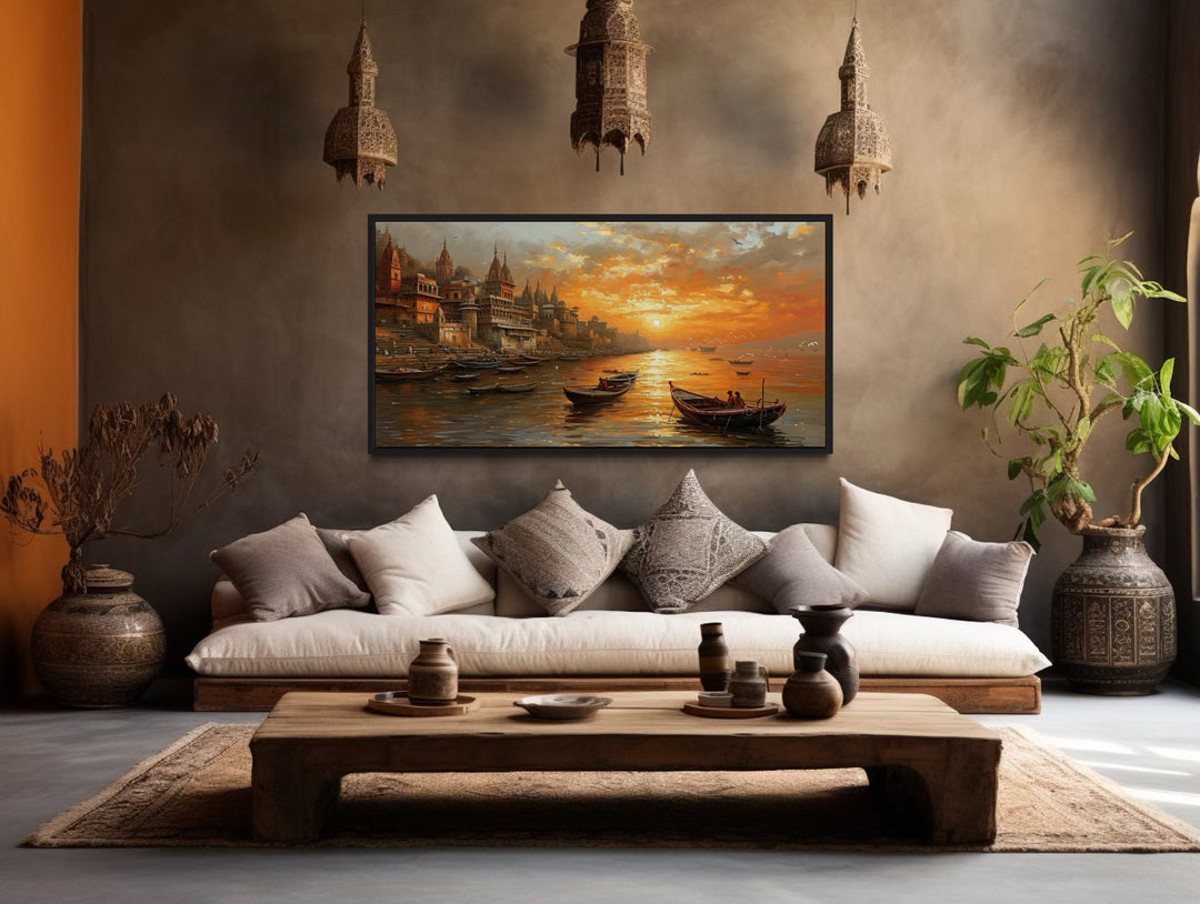 Varanasi Wall Art - Indian Canvas Art Featuring Ganges River Sunset for Spiritual Home Decor