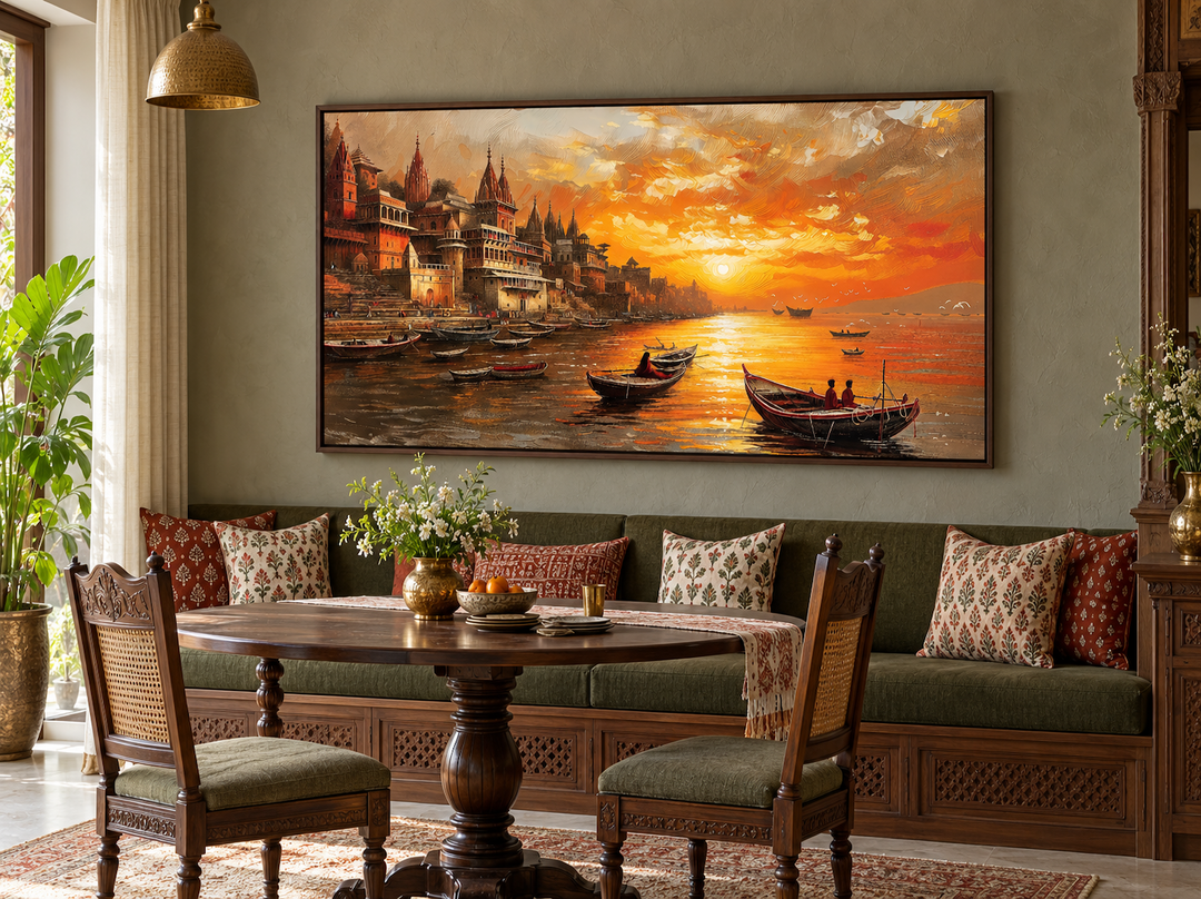 Framed Varanasi wall art showing a sunset over the Ganges river in a traditional dining room.