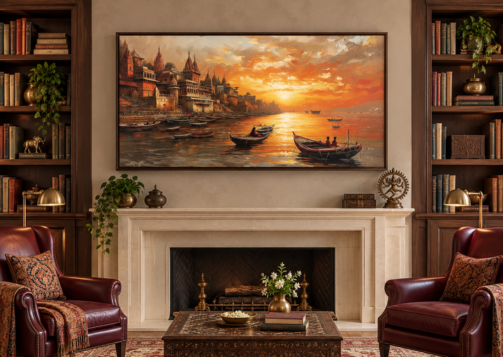 Varanasi wall art featuring a sunset over the Ganges River in a framed canvas above a fireplace.