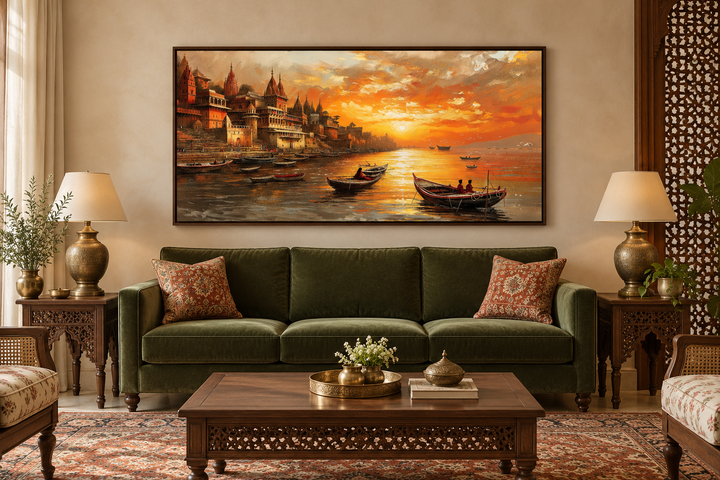 Varanasi wall art featuring a sunset over the Ganges River in a traditional Indian living room.