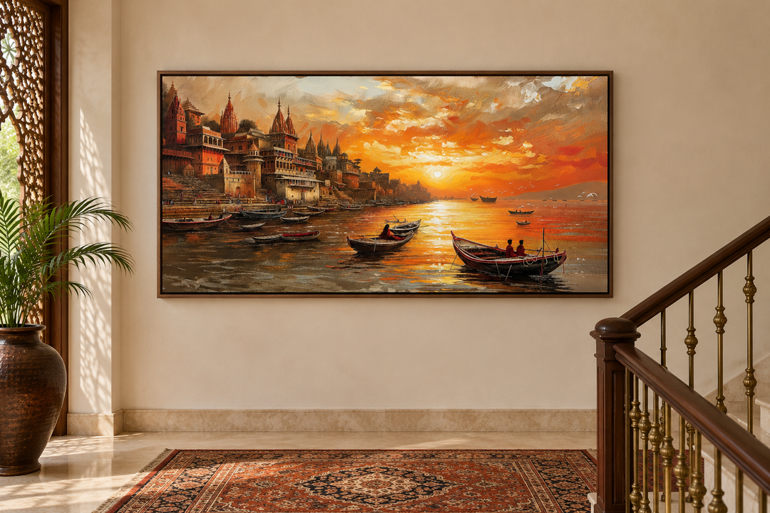 Varanasi wall art of a Ganges River sunset in a walnut frame on a neutral wall near a staircase.