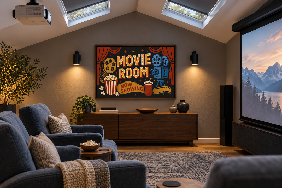 Retro Movie Room canvas wall art with popcorn, camera, and drink icons in a home theater setting.