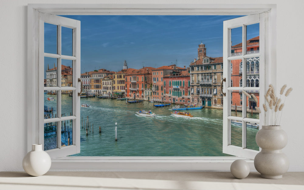 Venice Grand Canal fake window wall art showing boats on the water and historic buildings.