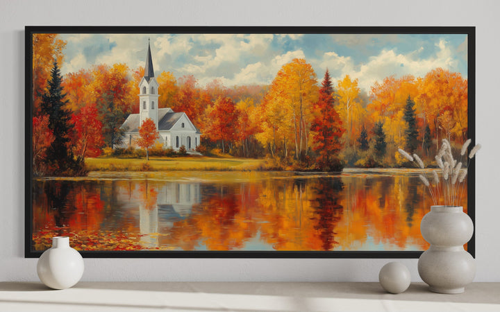 Vermont Church And Lake In The Fall New England Autumn Wall Art