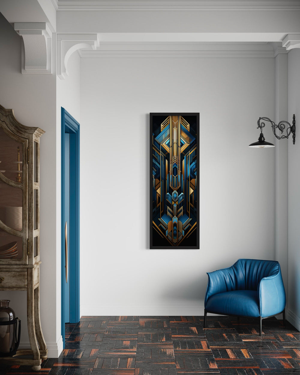 slim Art Deco Gold Black Blue Long Narrow Framed Canvas Wall Art