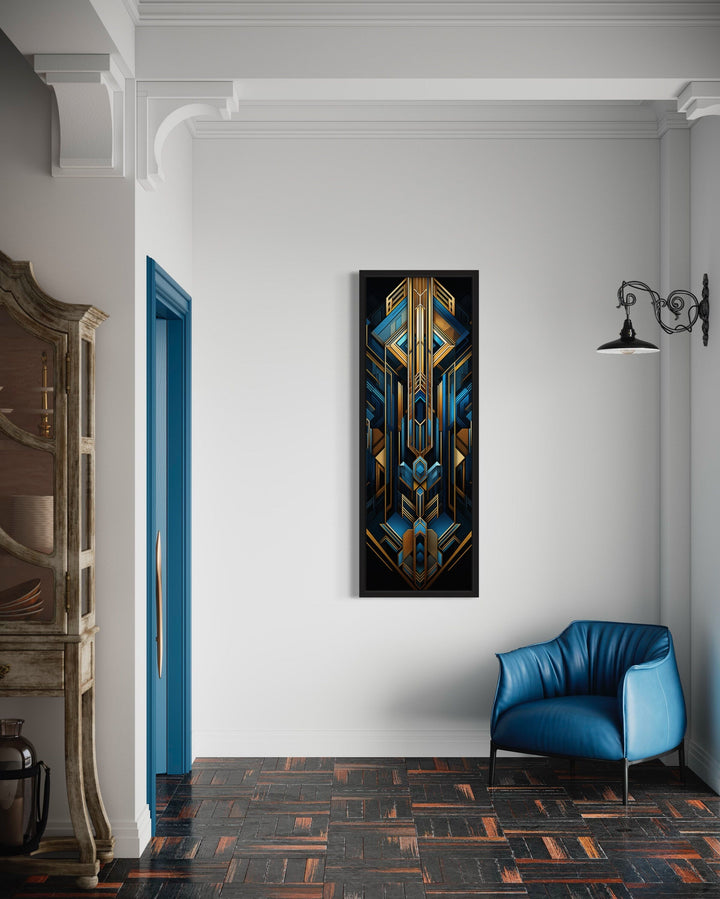 Vertical Art Deco Gold Black Blue Long Narrow Framed Canvas Wall Art