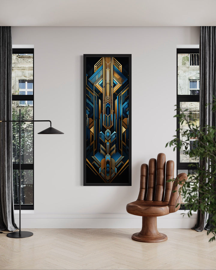 Vertical Art Deco framed canvas wall art with gold, black, and blue geometric patterns.