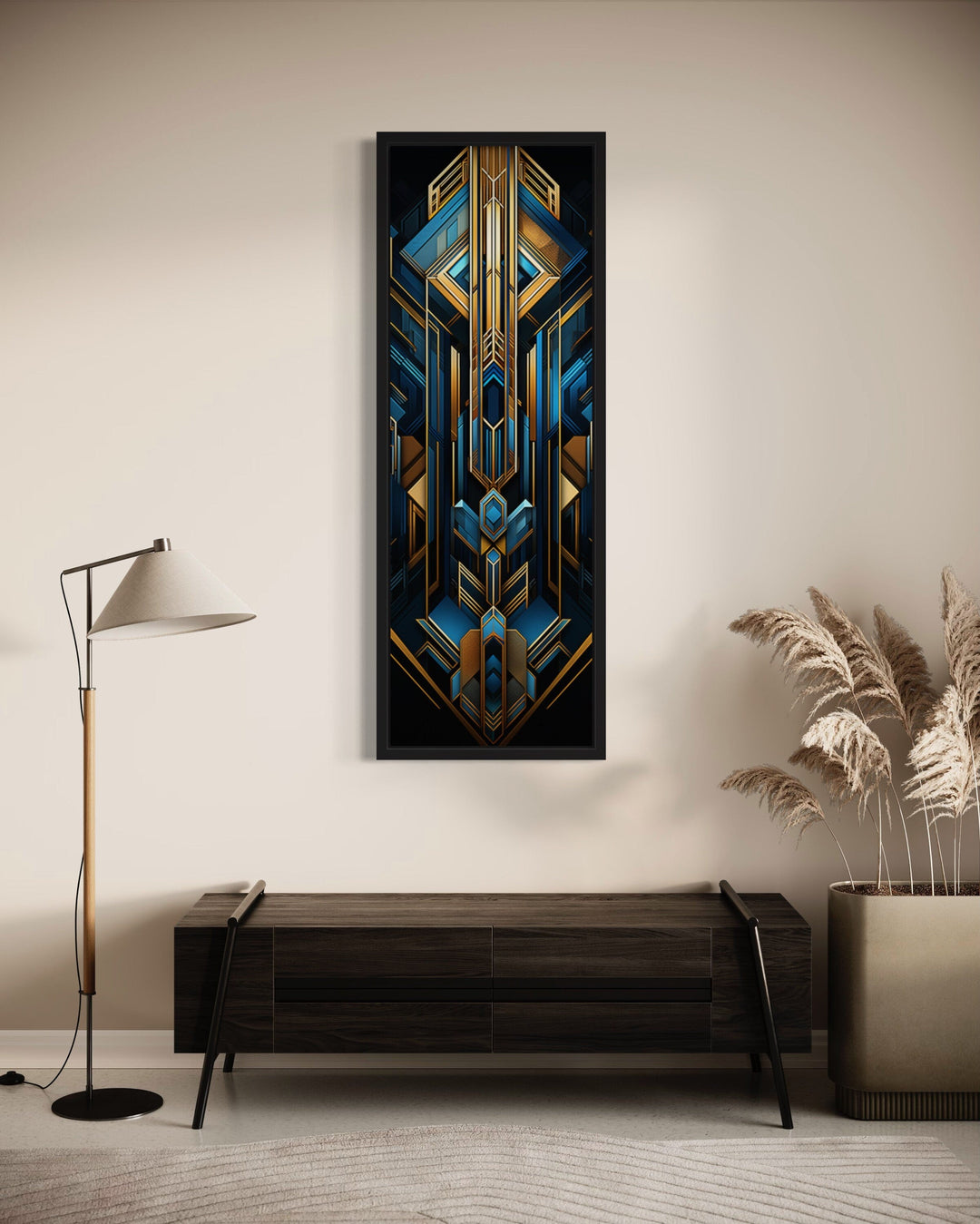 Vertical Art Deco framed canvas wall art with gold, black, and blue geometric patterns on a wall.