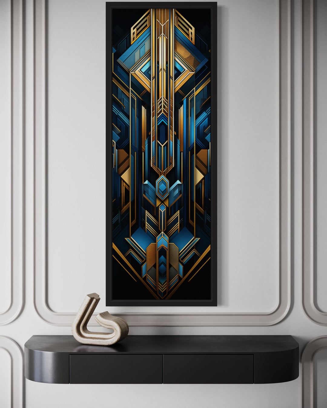 Vertical Art Deco framed canvas wall art with geometric patterns in gold, black, and blue.