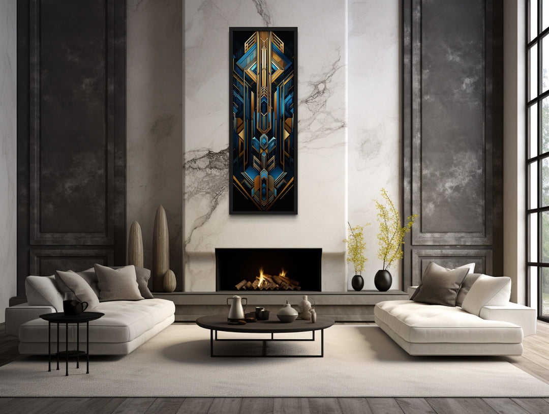 Vertical Art Deco Gold Black Blue Long Narrow Framed Canvas Wall Art