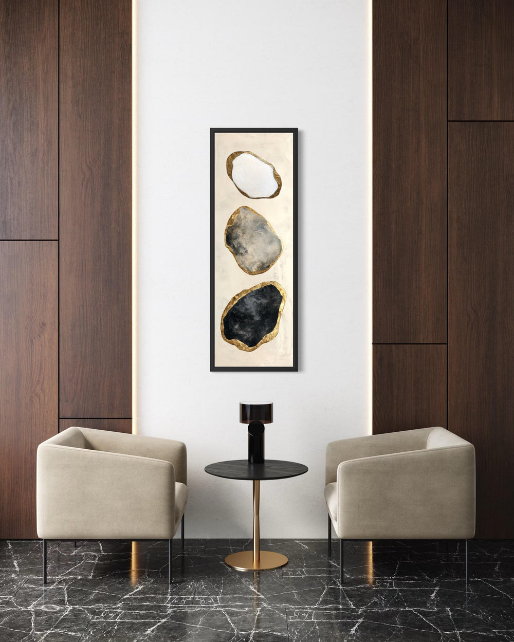 Vertical abstract wall art featuring three stacked rocks in white, grey, and black with gold edges.