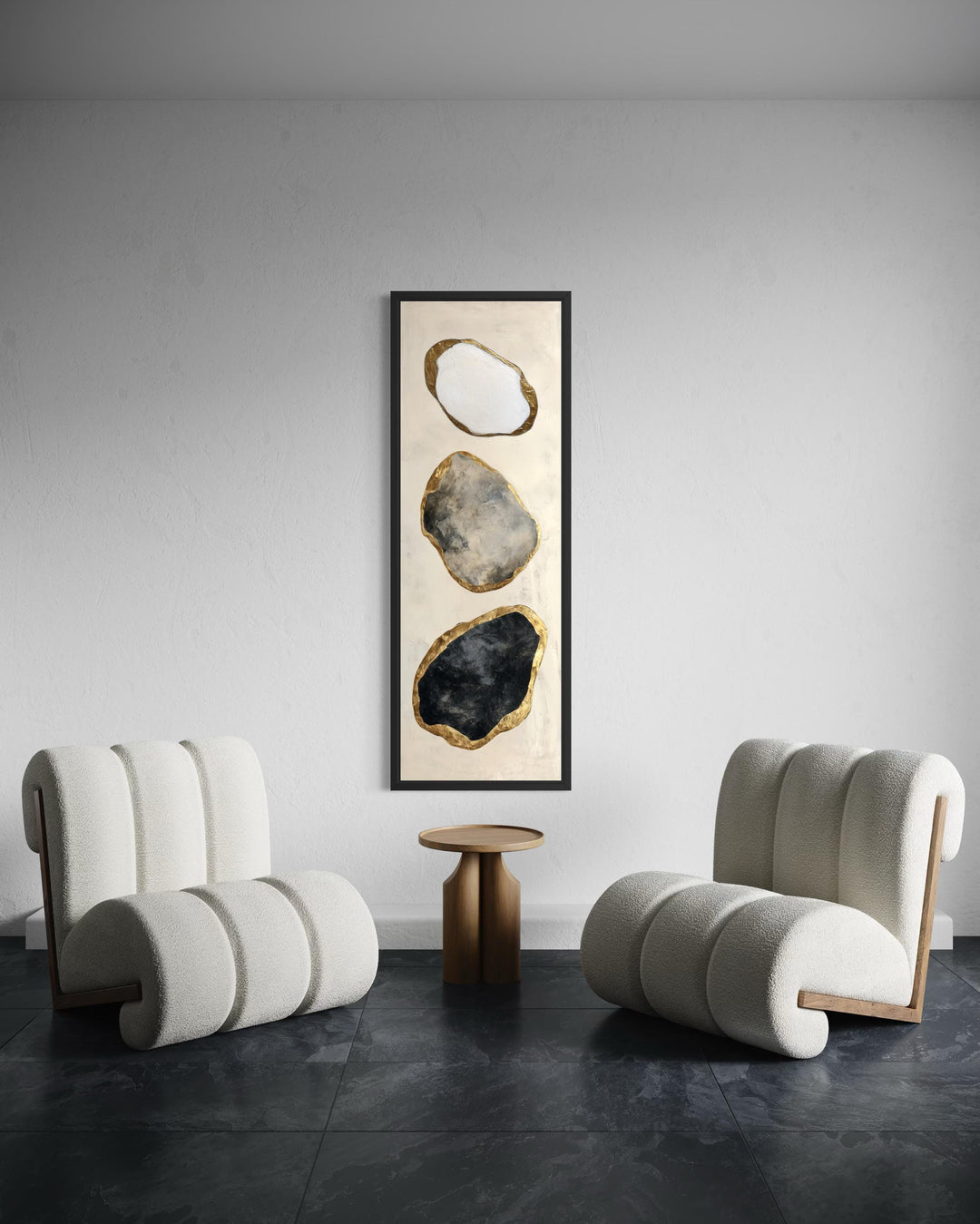 Vertical abstract rock wall art with black, white, grey, and gold shapes in a tall black frame.