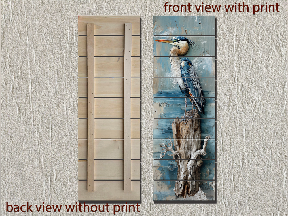 Vertical Blue Heron Wall Art - Distressed Wood Coastal Decor for Lake House