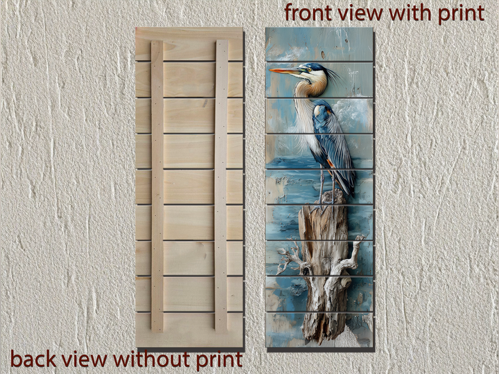 Vertical Blue Heron Wall Art - Distressed Wood Coastal Decor for Lake House