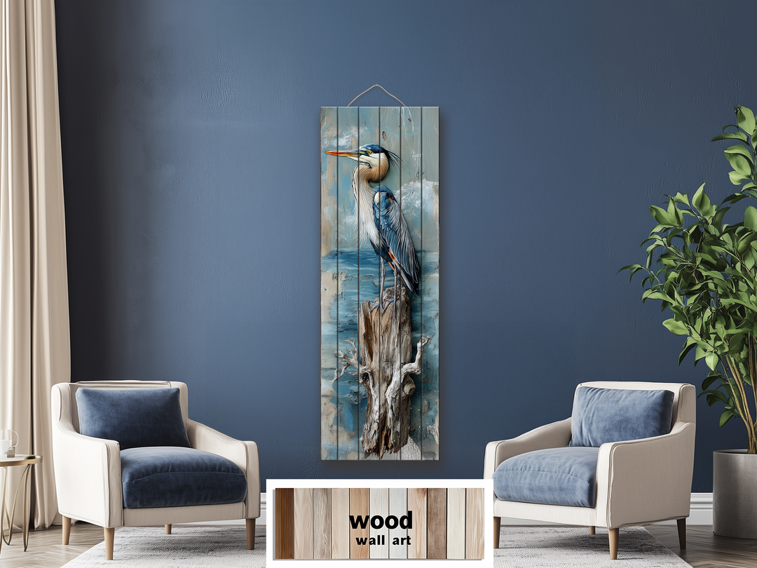 Vertical Blue Heron Wall Art - Distressed Wood Coastal Decor for Lake House