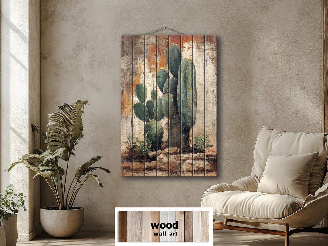 Vertical Cactus Distressed Wood Wall Art
