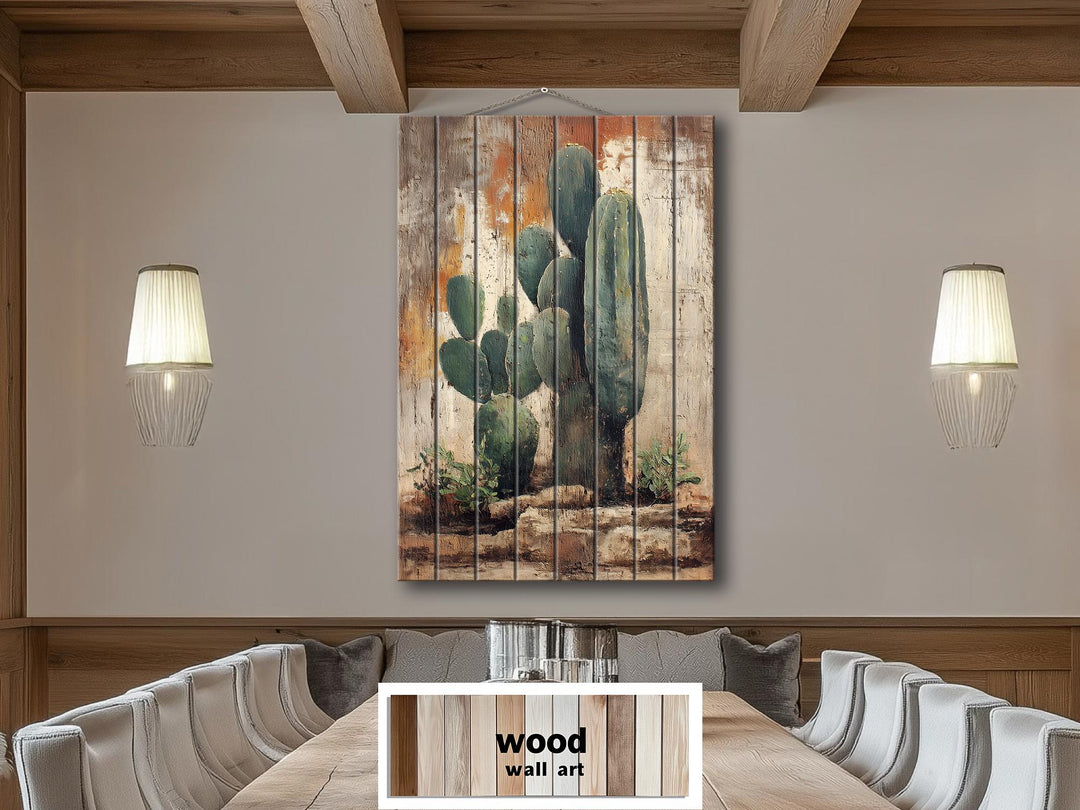 Vertical Cactus Distressed Wood Wall Art