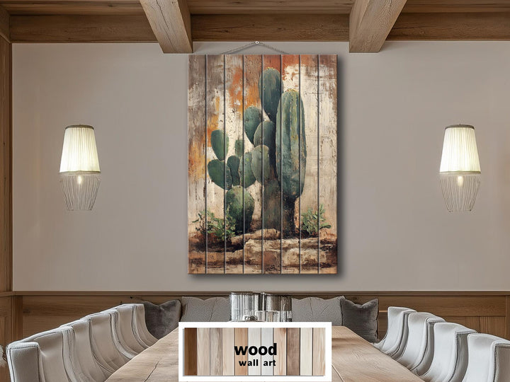 Vertical Cactus Distressed Wood Wall Art