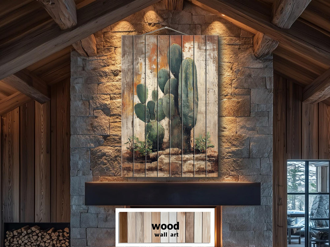 Vertical Cactus Distressed Wood Wall Art