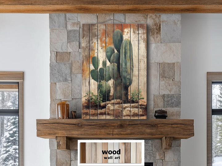 Vertical Cactus Distressed Wood Wall Art