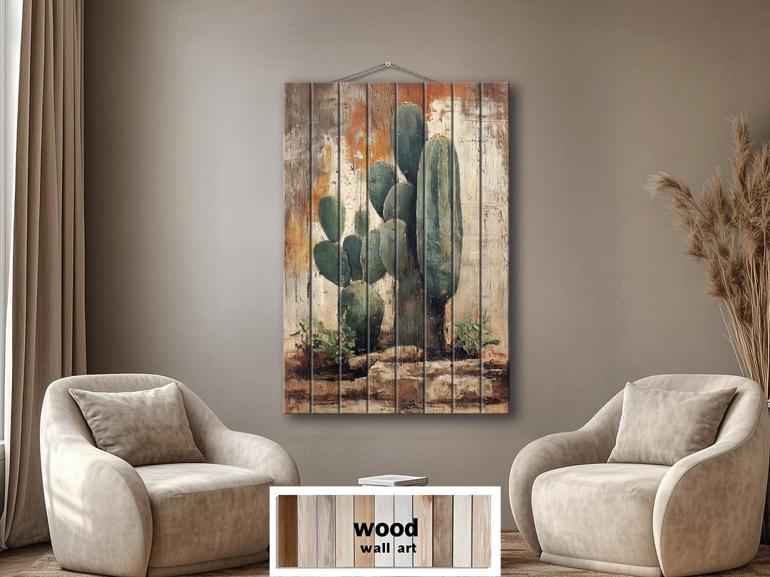 Vertical Cactus Distressed Wood Wall Art