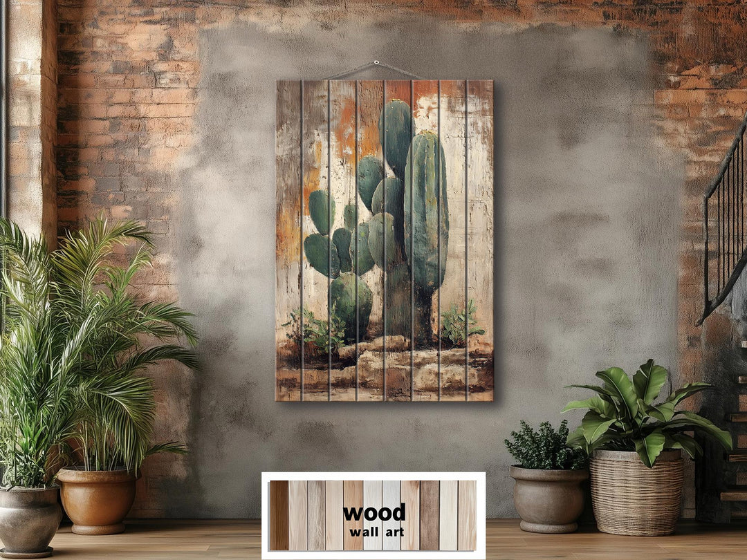 Vertical Cactus Distressed Wood Wall Art