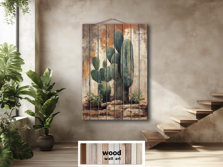 Vertical Cactus Distressed Wood Wall Art