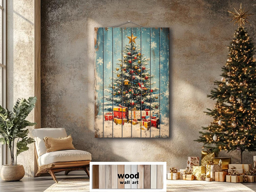 Vertical Christmas Tree Wall Art on Distressed Wood