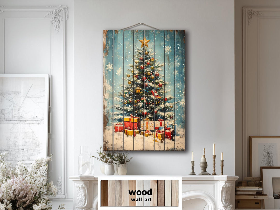 Vertical Christmas Tree Wall Art on Distressed Wood