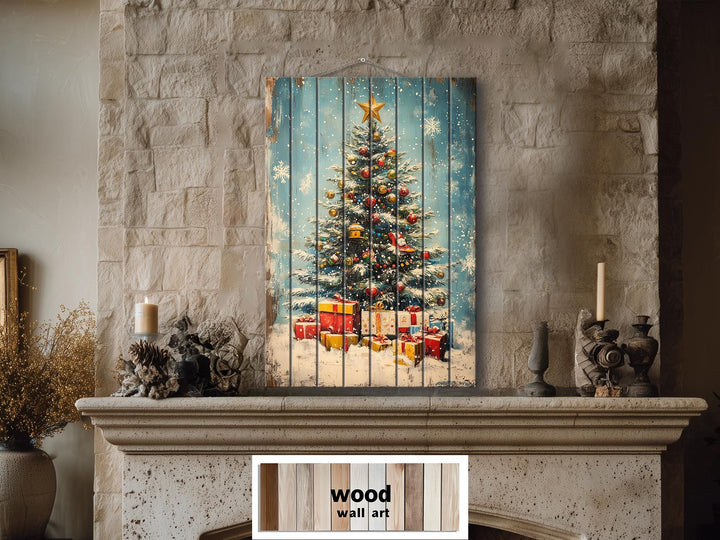Vertical Christmas Tree Wall Art on Distressed Wood
