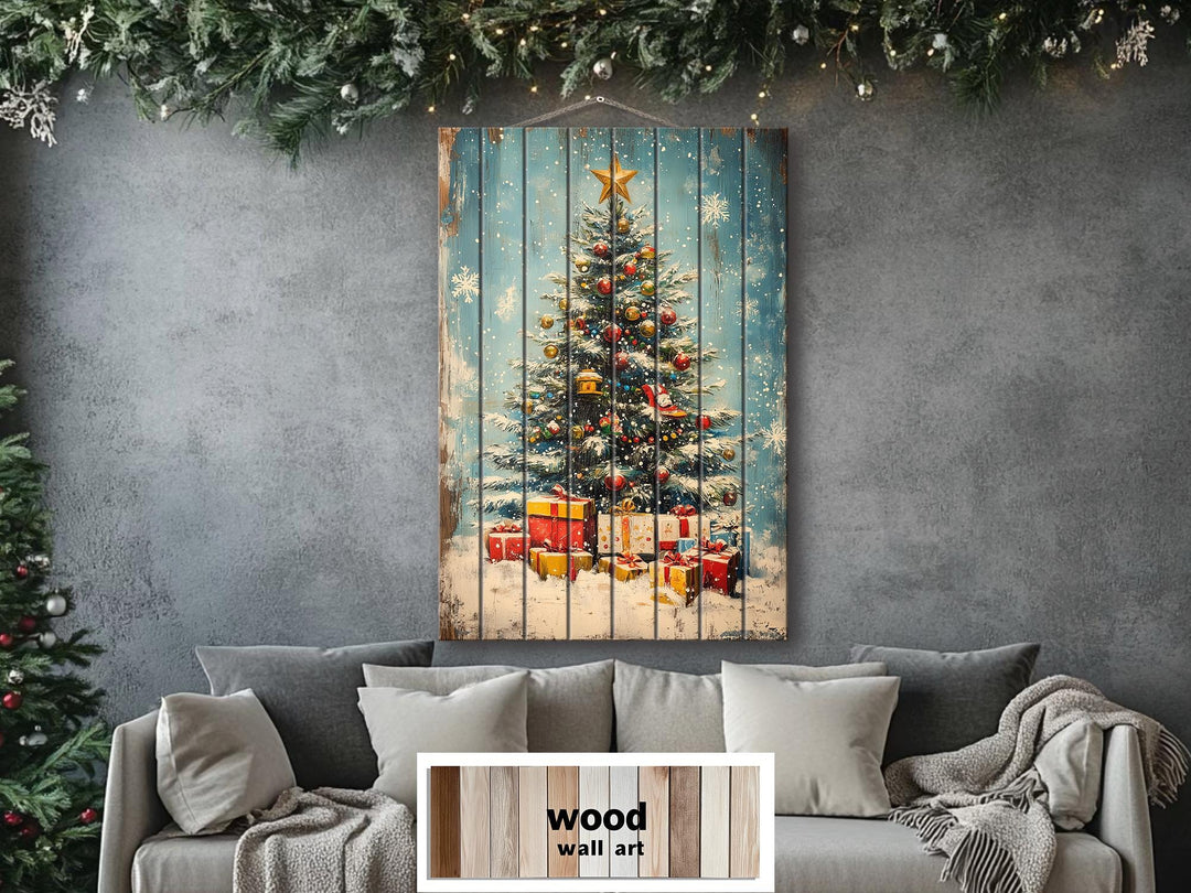 Vertical Christmas Tree Wall Art on Distressed Wood
