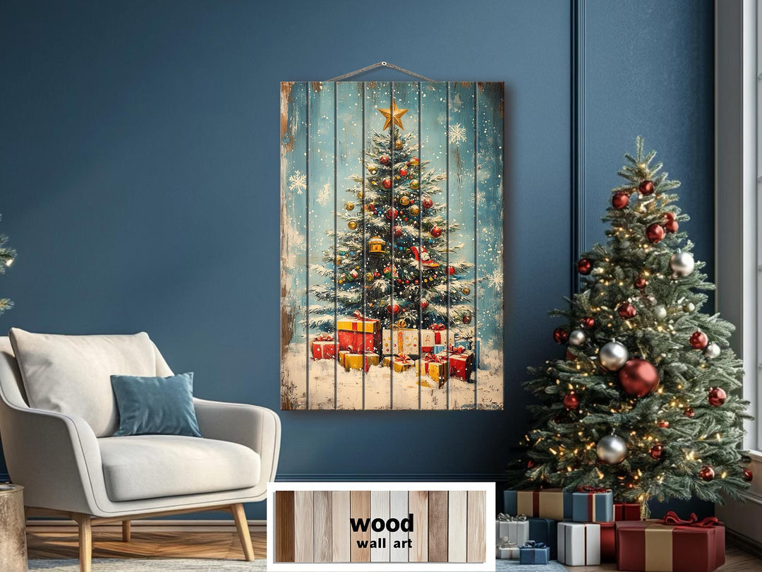 Vertical Christmas Tree Wall Art on Distressed Wood
