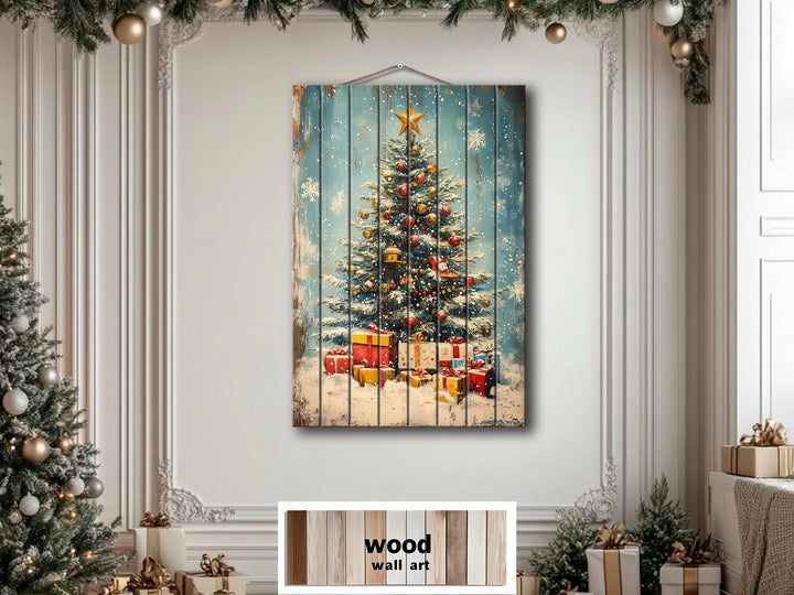 Vertical Christmas Tree Wall Art on Distressed Wood