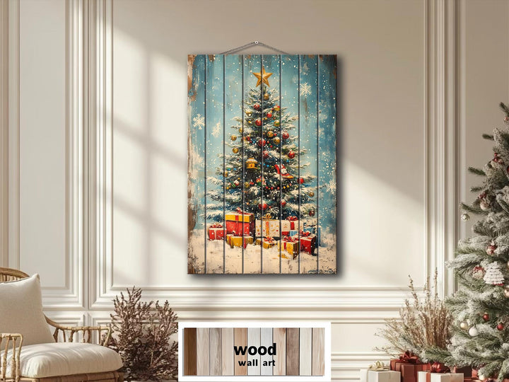 Vertical Christmas Tree Wall Art on Distressed Wood