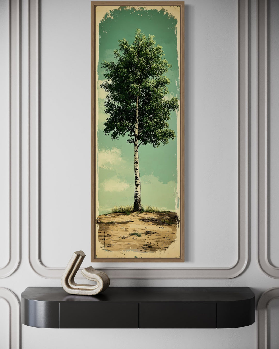 Vertical Long Narrow Rustic Birch Tree Framed Canvas Wall Art