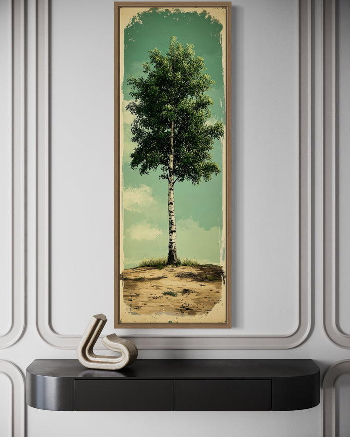 Vertical Long Narrow Rustic Birch Tree Framed Canvas Wall Art