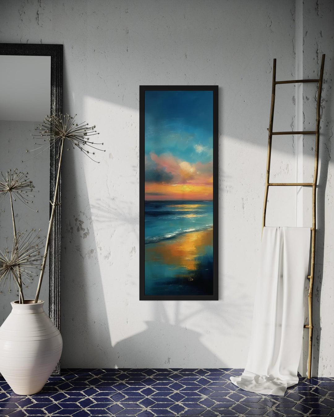 Vertical Narrow Abstract Ocean Sunset Canvas Wall Art