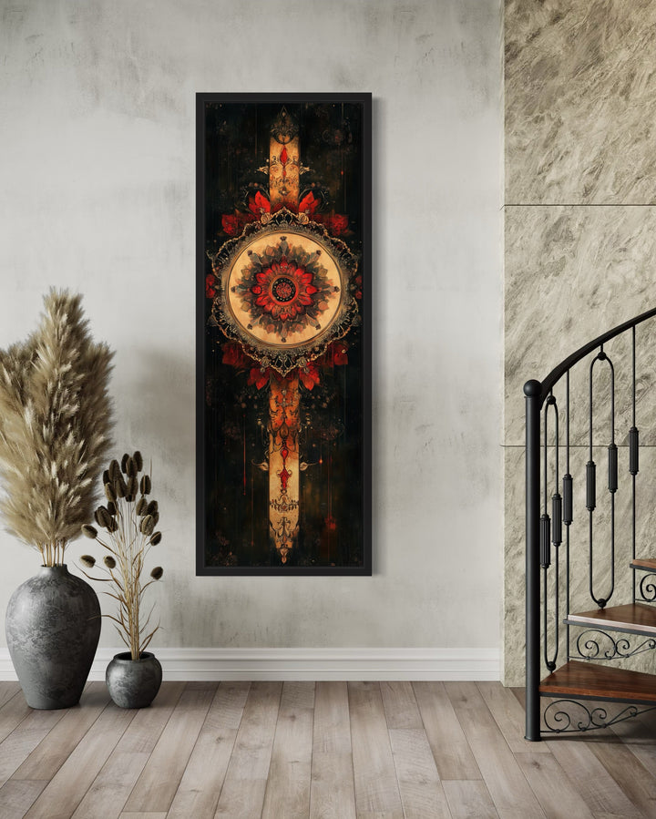 Vertical Narrow Black Beige Red Boho Tapestry Framed Canvas Wall Decor