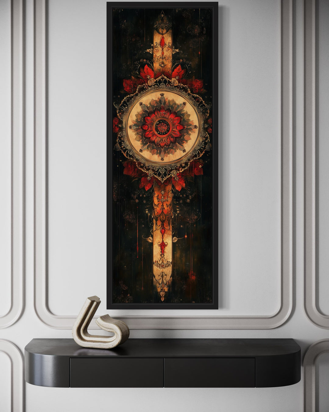 Vertical Narrow Black Beige Red Boho Tapestry Framed Canvas Wall Decor