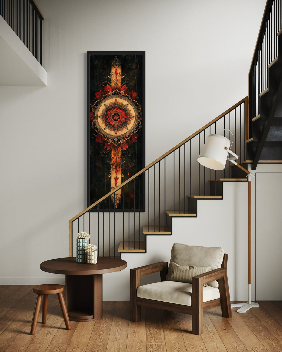 Vertical Narrow Black Beige Red Boho Tapestry Framed Canvas Wall Decor near staircase