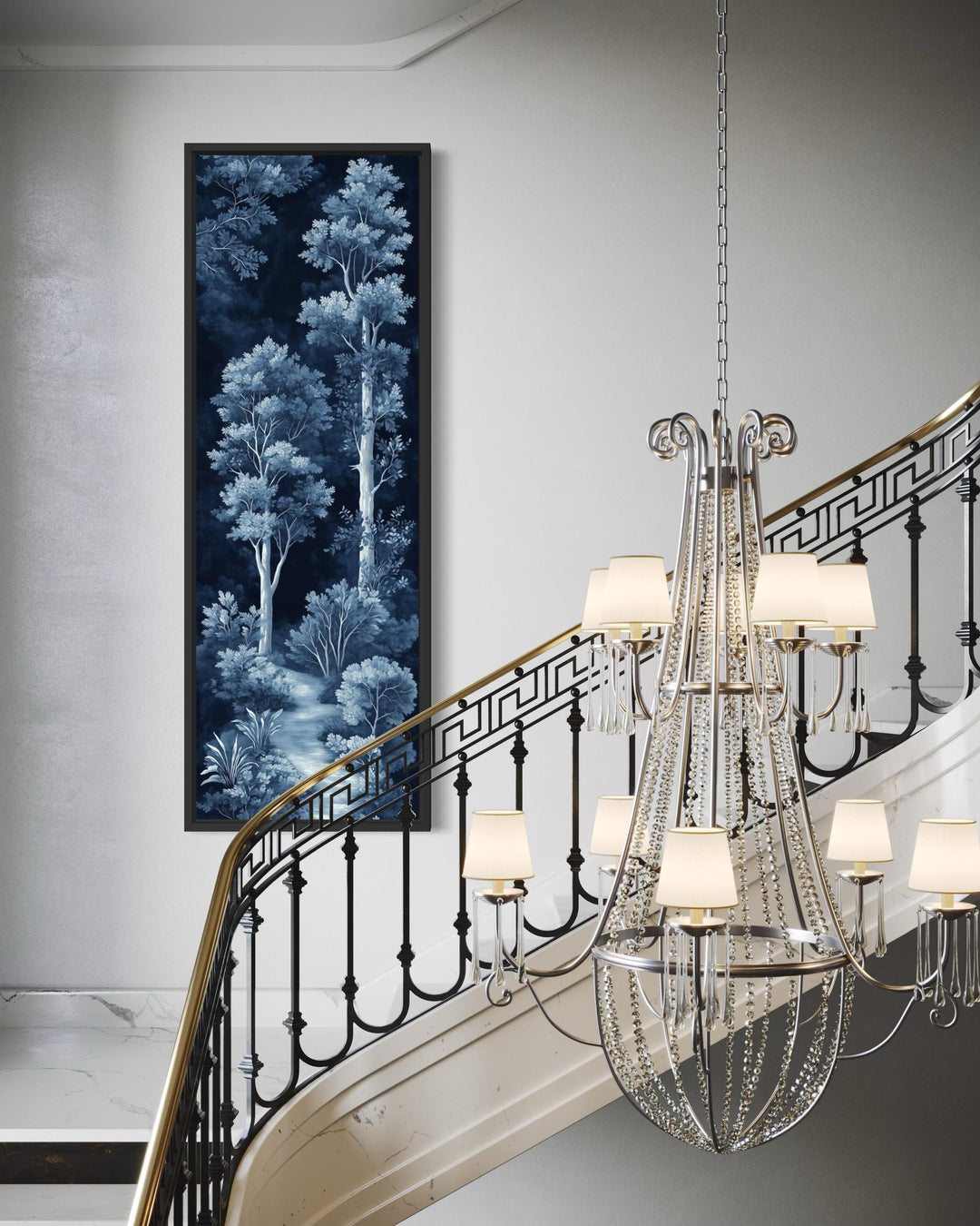 Vertical narrow canvas wall art featuring a moonlit blue and navy night forest in a black frame.