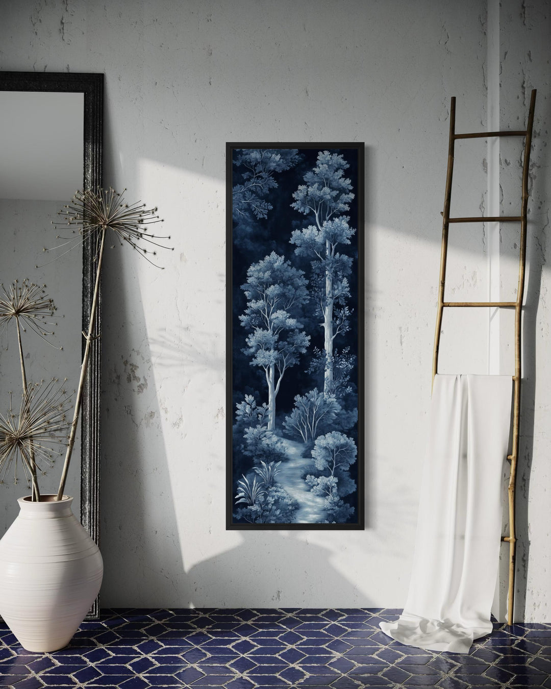 Vertical narrow wall art featuring a navy and blue night forest scene in a black frame.