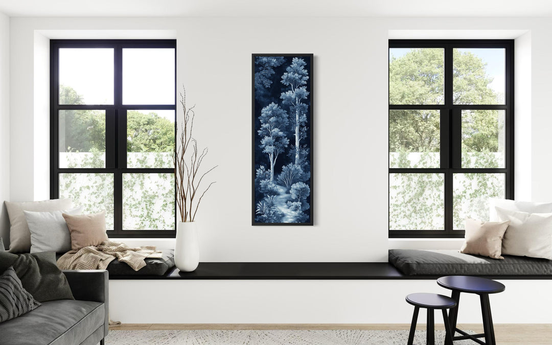 Vertical narrow canvas wall art featuring a moonlit forest in deep blue and navy tones.