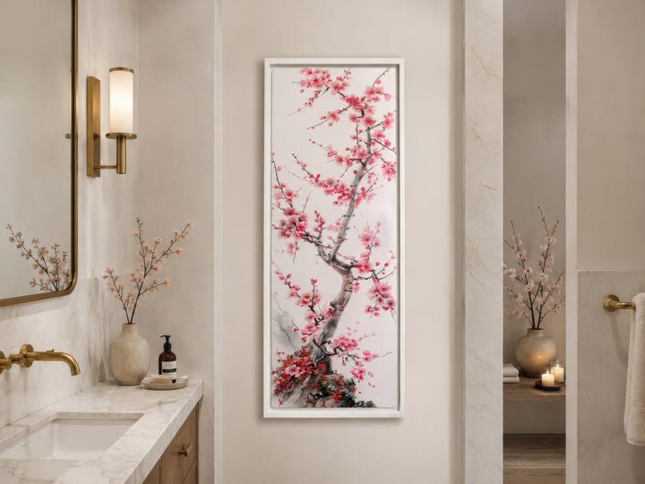 Vertical narrow wall art featuring a pink cherry blossom tree in a white frame.
