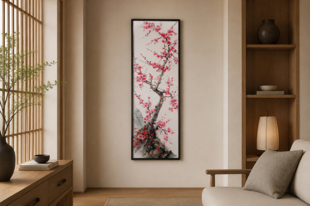 Vertical narrow wall art featuring a cherry blossom tree in a minimalist Japanese-style room.